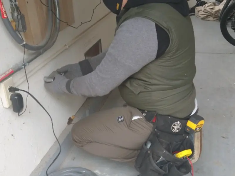 Electrician performing outlet wiring in a Baltimore Highlands garage